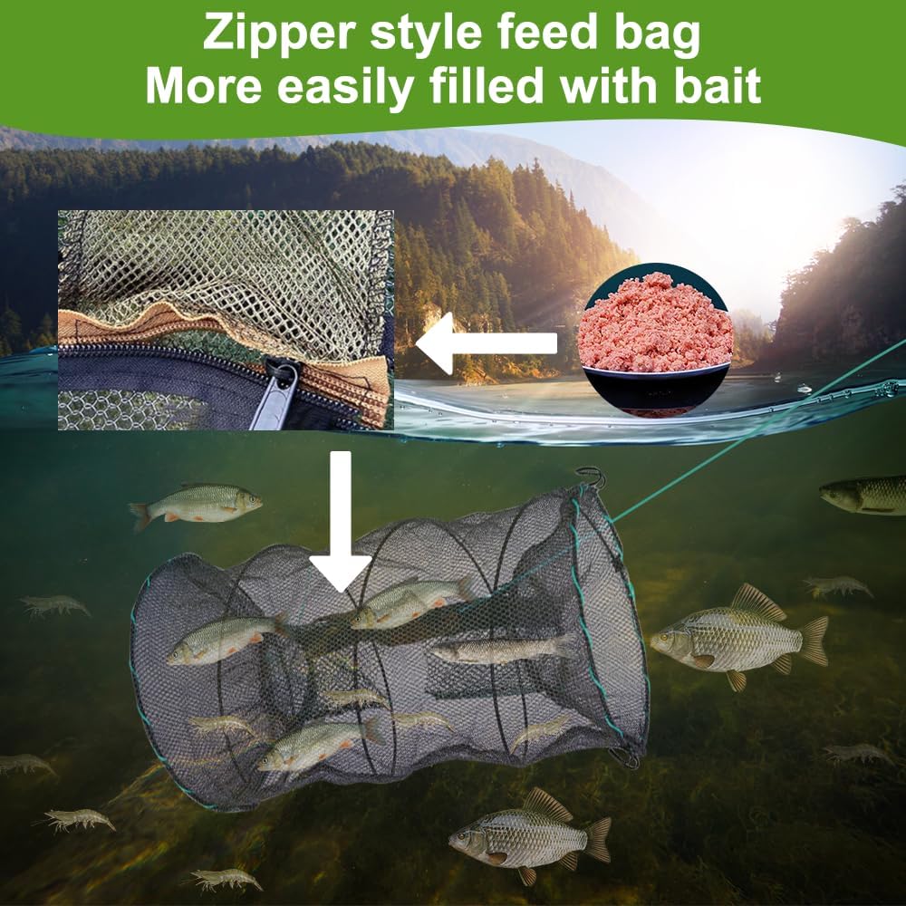 Piège à Poisson Pliable, 3 PCS Piège à Crabe en Nylon 30x60cm, Nasse à Écrevisses avec Fermeture éclair, Portable Casier à Crabes, Ronde Filet de Pêche pour Crabes Crevette Homard Anguille
