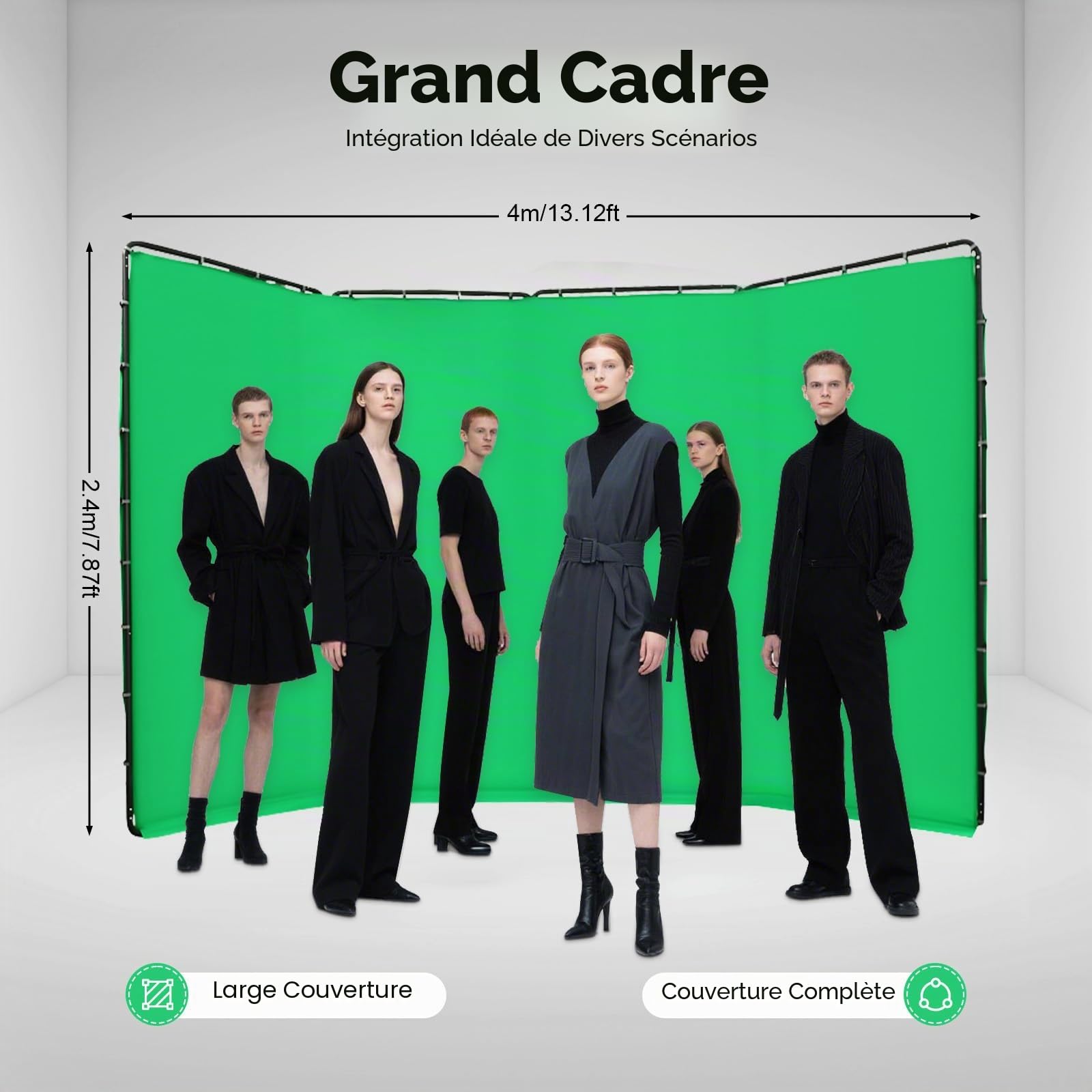 Fond Vert Professionnel 4 x 2.4 m, Fond Vert avec Support Réglable et Tissu, Kit Photo Pliable, Toile de Fond avec Sac de Transport, pour la Photographie, l'enregistrement Vidéo