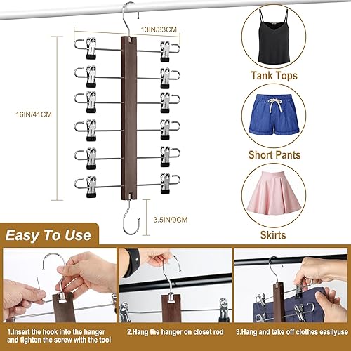 Miniatura 5 de FITNOVO Perchas para faldas con clips, madera de haya europea, paquete de 2 perchas para pantalones que ahorran espacio, organizador de armario para