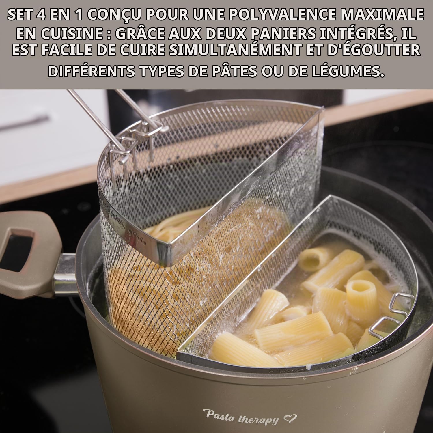 KASANOVA Marmite à Pâtes 22 cm avec 2 Paniers et Couvercle – Cuiseur pour Pâtes et Légumes, Double Panier pour Cuissons Simultanées, Compatible Induction et Tous Feux (Taupe)