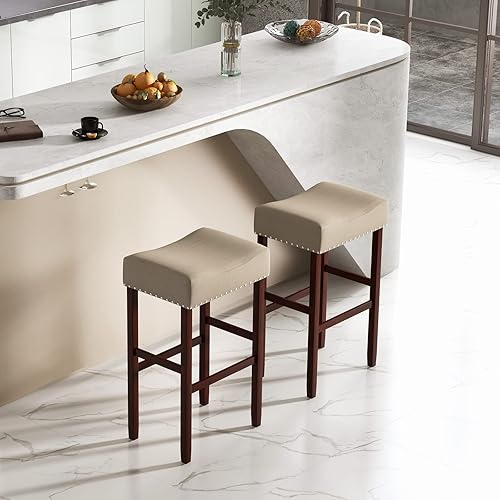 Miniatura 4 de COSTWAY Juego de 4 taburetes de bar con altura de mostrador, 29.5 pulgadas sin respaldo con borde de cabeza de clavo, marco de madera de goma,