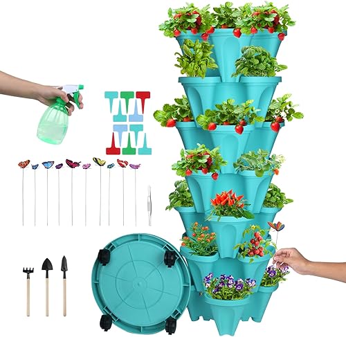 DUNCHATY Maceta vertical apilable con juego de herramientas, maceta de hierbas de 7 niveles con riego automático para cultivo en interiores y
