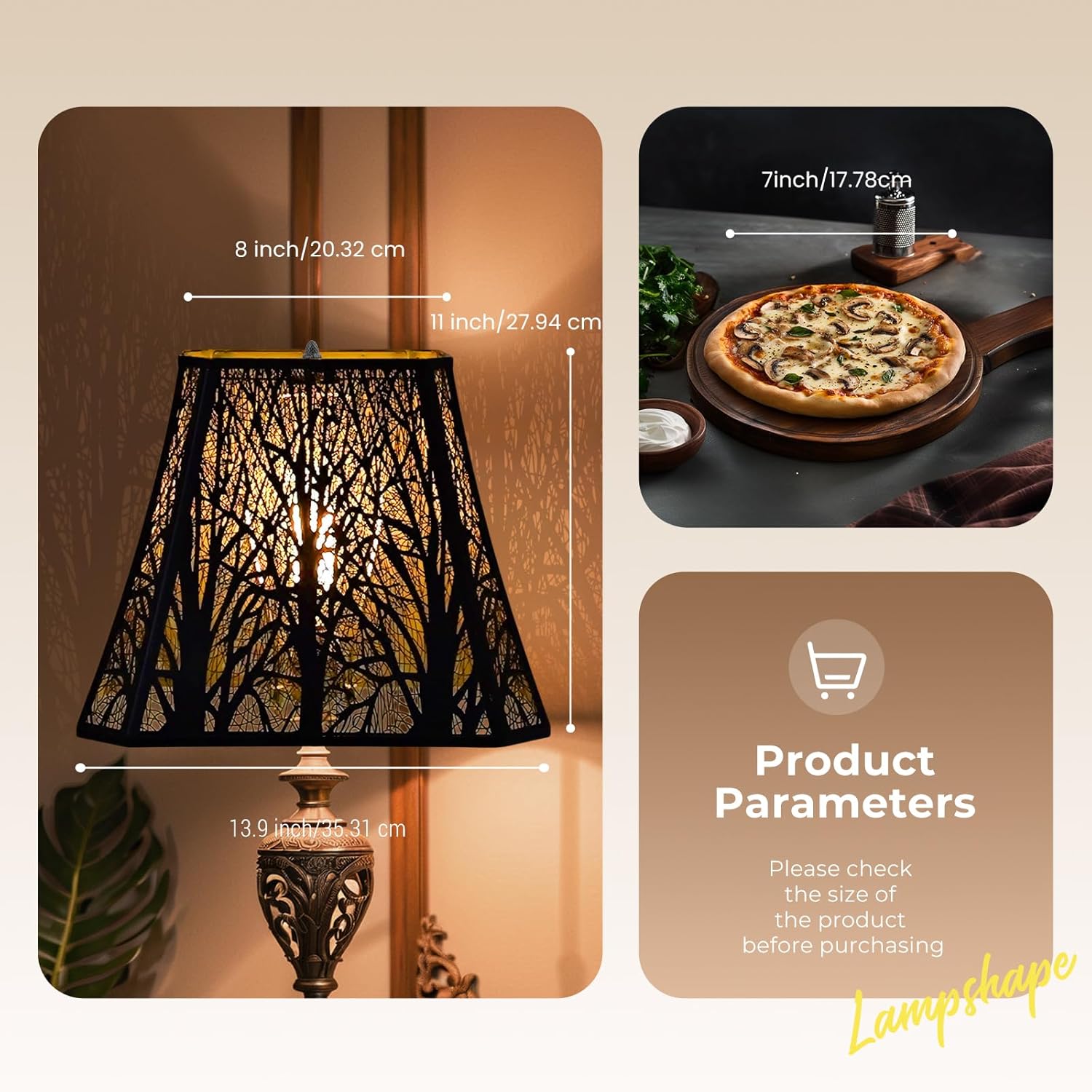 Etched Forest Metal Lampshade, Rectangle Large Lamp Shade Fitter Floor and Table Lamp Shade, 8" Top Diameter, 13.9" Bottom Diameter, 11" Height, Black Outer Gold Inner