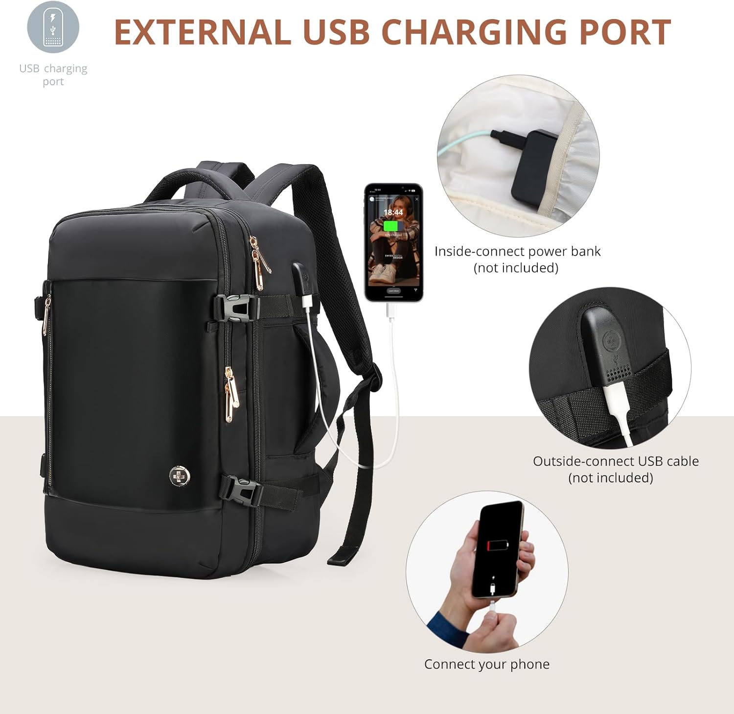 Swissdigital Design Travel Laptop Backpack for Women, 36L Carry On Backpack with USB Charging Port, RFID Protection & Wet-Dry Separation, TSA Friendly Fits 16 Inch Laptop, Black | SD1749-01