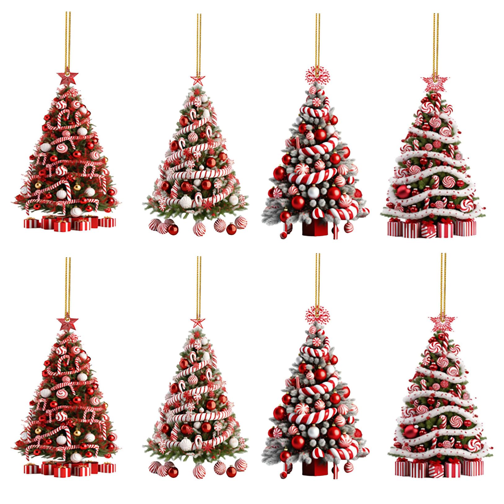 8 PCS Christmas Tree Shaped Ornaments Set Small Acrylic Candy Cane Lollipop Hanging Pendants with 4 Styles Mini Xmas Figurines Decorations for Indoors Home Party DIY Gift Decor