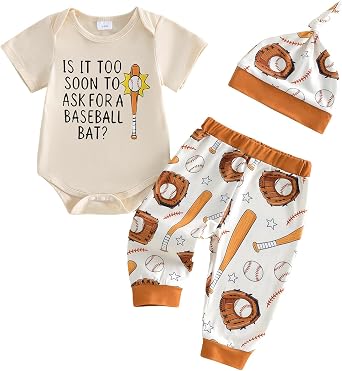 SAYOO Toddler Baby Boy Baseball Outfit Funny Letter Short/Long Sleeve Bodysuit Romper+Long Pants+Hat Coming Home Clothes