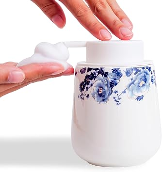 Agyiuns Soap Dispenser, Ceramic Foaming Soap Dispenser with Easy-to-Press Pump for Bathroom 10.8 oz refillable Liquid Hand soap Dispenser for Hand sanitizers, lotions Blue Flower Foam Dispenser