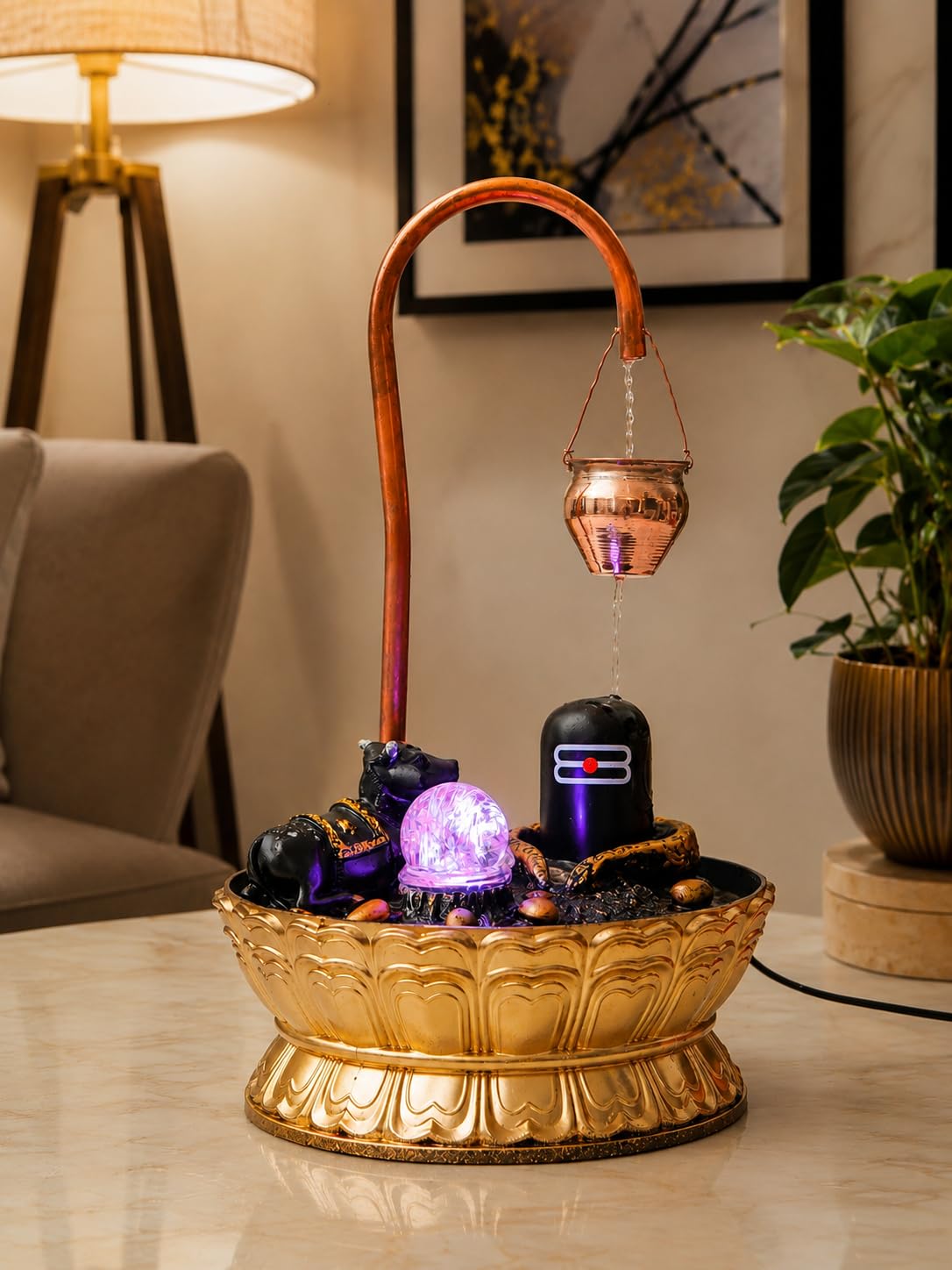 CHRONIKLE Copper Metal Shivling with Nandi Tabletop Indoor Water Fountain with Crystal Ball and LED Light for Home Decor (28 x 28 x 46 CM : Color - Copper | Weight - 1380)-image-31