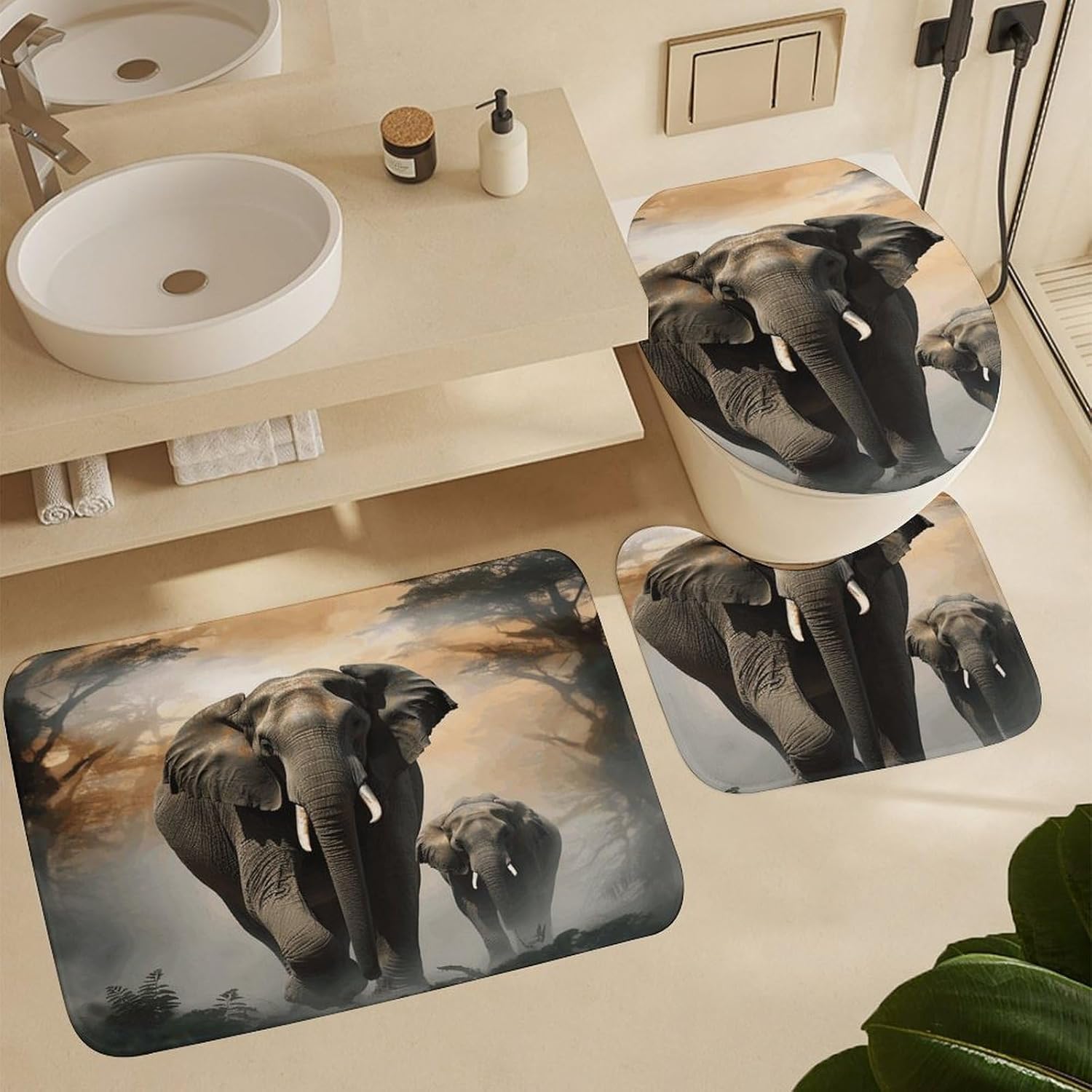 Elephant in The Fog 4Pcs Shower Curtain Set with Non-Slip Rugs, Toilet Lid Cover and Bath Mat,Bathroom Set Decor Accessories,Curtain Set with 12 Hooks, 72 X 72 Inch