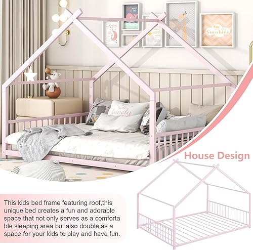 Miniatura 5 de ODUWA Cama de plataforma de metal de tamaño matrimonial con barandilla, marco de cama Montessori de metal con techo, marco de cama de metal para
