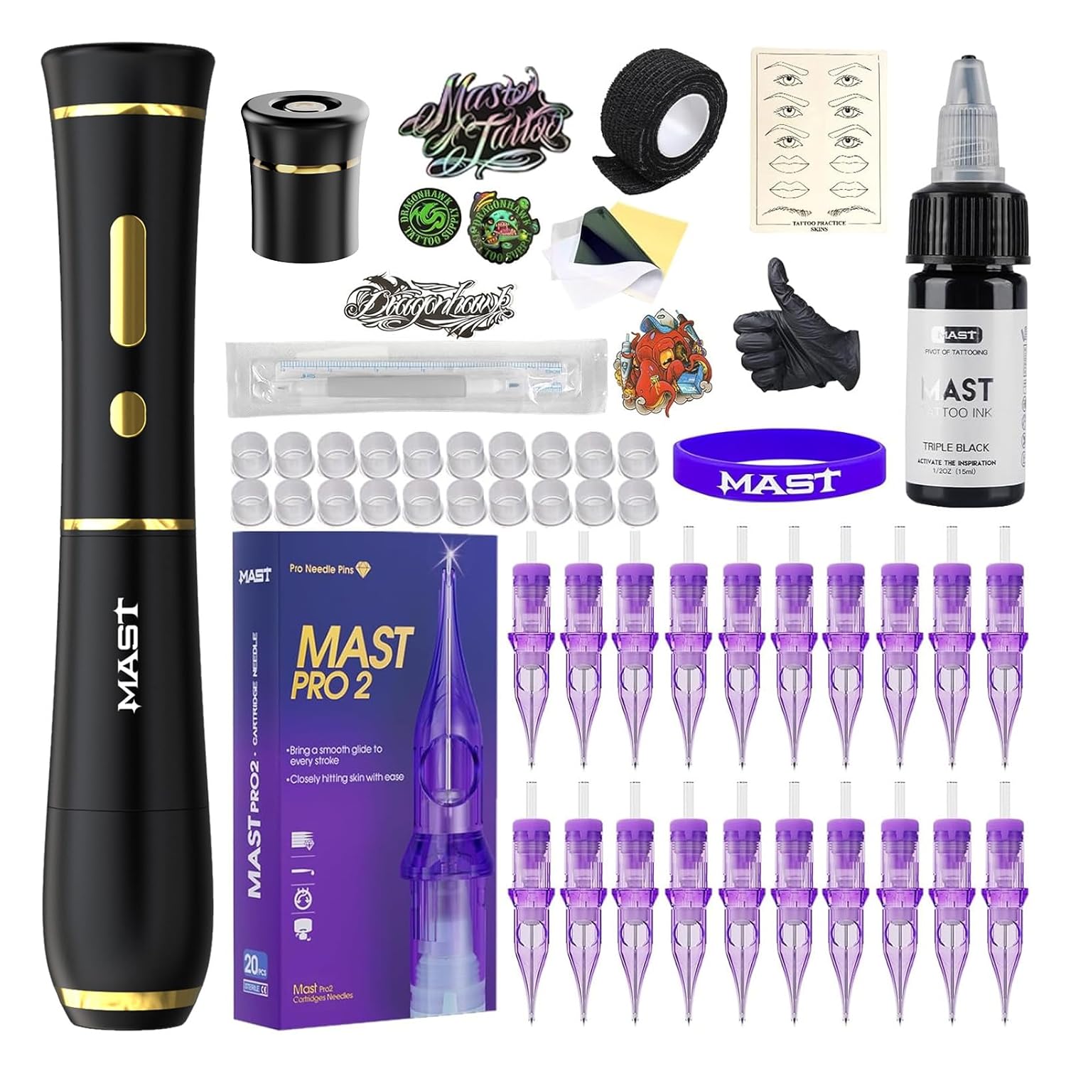 Mast Tattoo P40 Cordless Tattoo Gun Machine Kit - Rotary Tattoo Pen for Eyebrows/Lips/Eyeliner 20Pcs Cartridge Needles Lightweight Slim Body for Artists (Black)