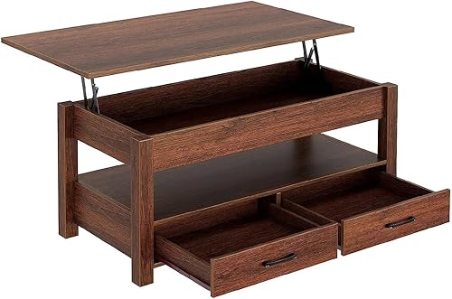 Miniatura 7 de Mesa Auxiliar, Mesa de Centro con Cajones y Compartimento Oculto, Mesa Central Retro con Tablero de Elevación de Madera, para Sala de Estar