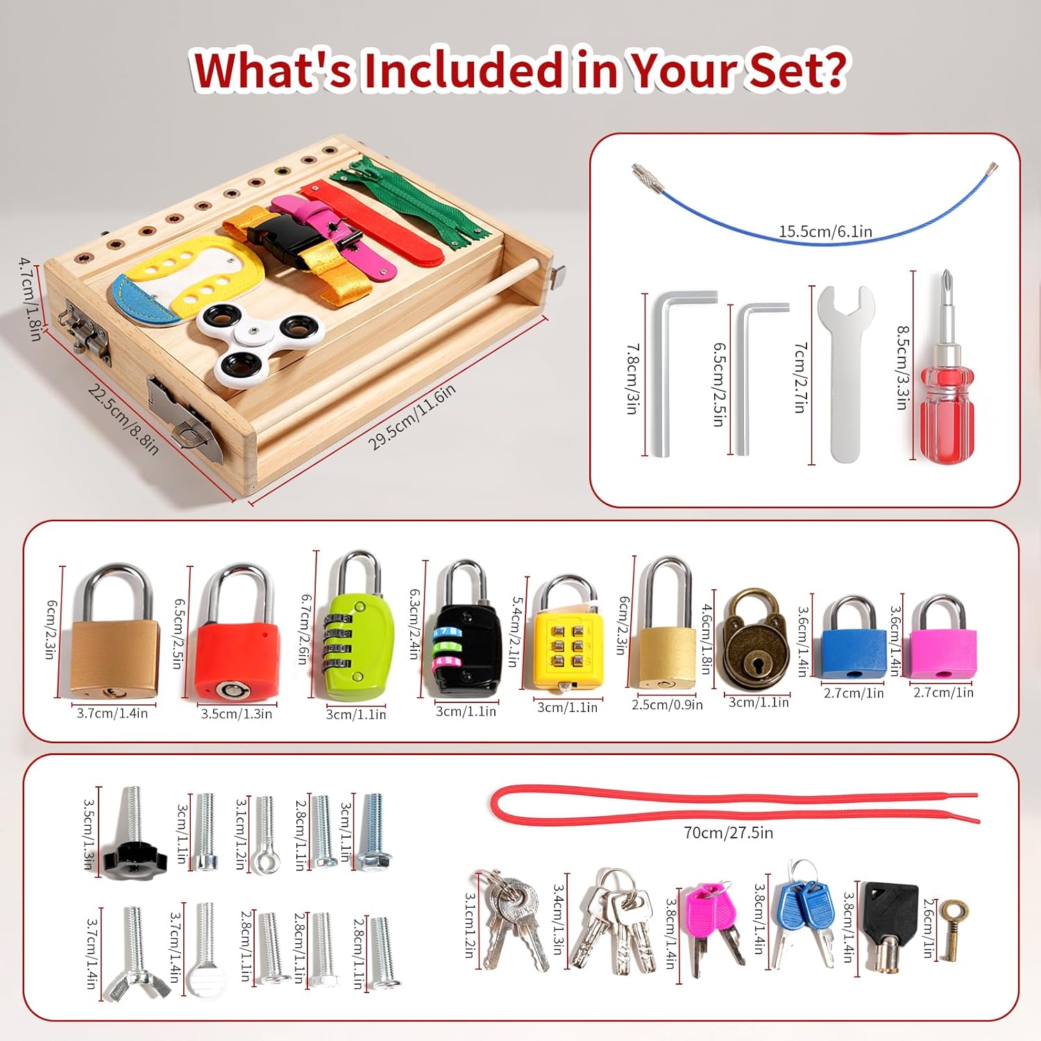 Montessori Wooden Busy Board - Fine Motor Skills Toys for 2-5 Year Old Boys Girls, Preschool STEM Life Skills Game, Latches Lock Key Sensory Toy, Screwdriver Board Set, Educational Gift
