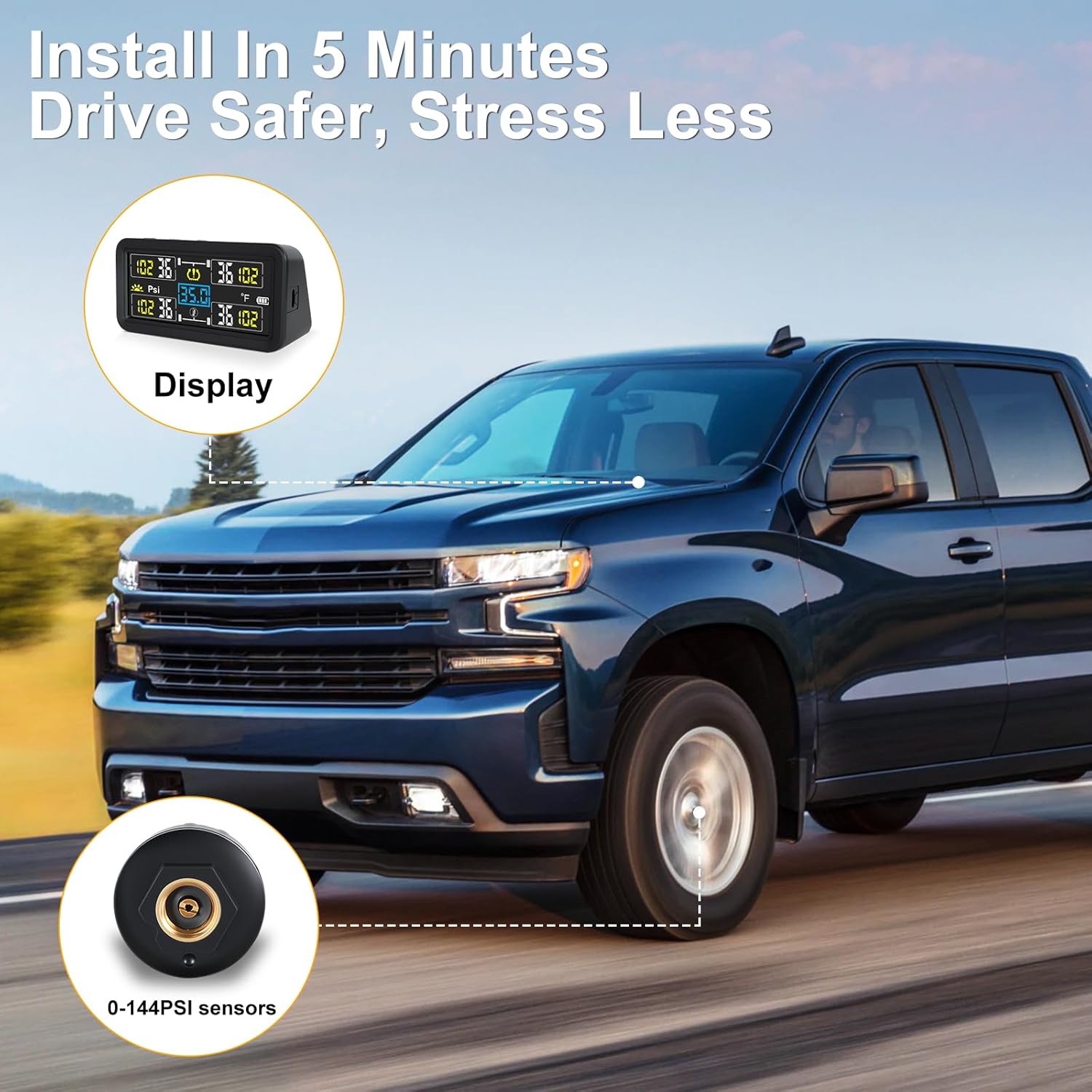 Tire Pressure Monitoring System, TPMS Tire Pressure Monitor with Solar Charge &USB, TPMS with 4 Sensors &6 Alarm Modes 0-9.9BAR/144PSI &Real-time Color LCD Display for RV/Trailer/Truck/SUV