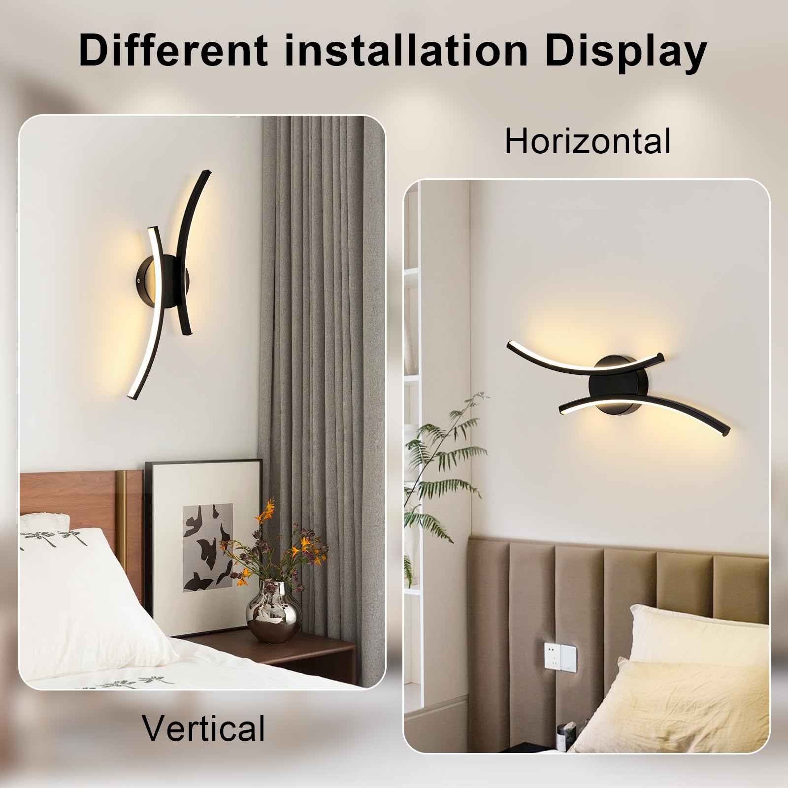 Applique Murale Intérieure LED, 20W 2250LM Noir Lampe Murale LED Chambre Créativité, 44.5CM Luminaire Mural Moderne en Aluminium pour Salon Cuisine Couloir Escalier, Blanc Chaud 3000K