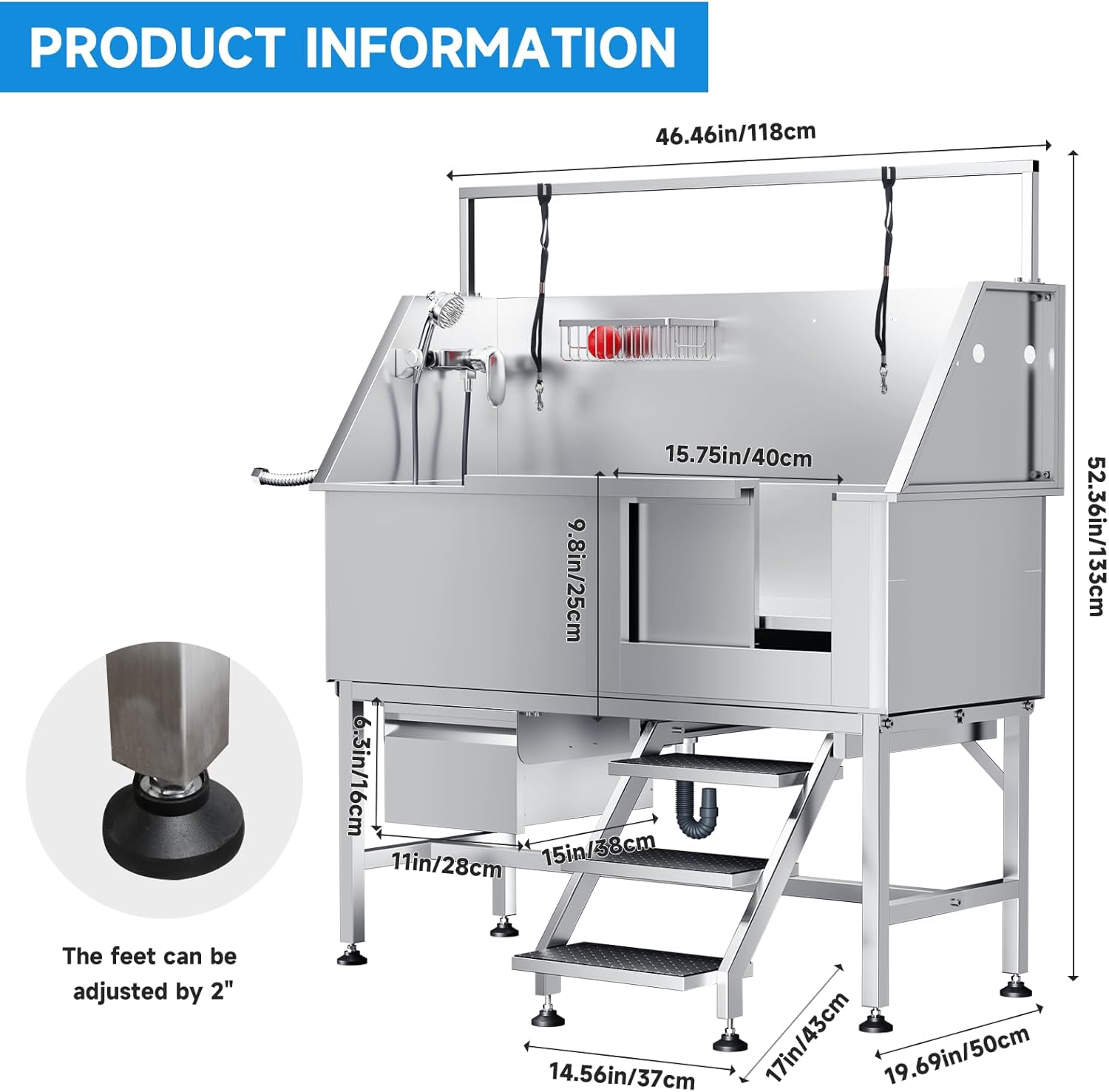 Dog Washing Station 46" Dog Grooming Tub with Right Stair& Faucet, Stainless Steel Dog Bathing Station for Home,Dog Bathtub for Large,Medium,Small Pets