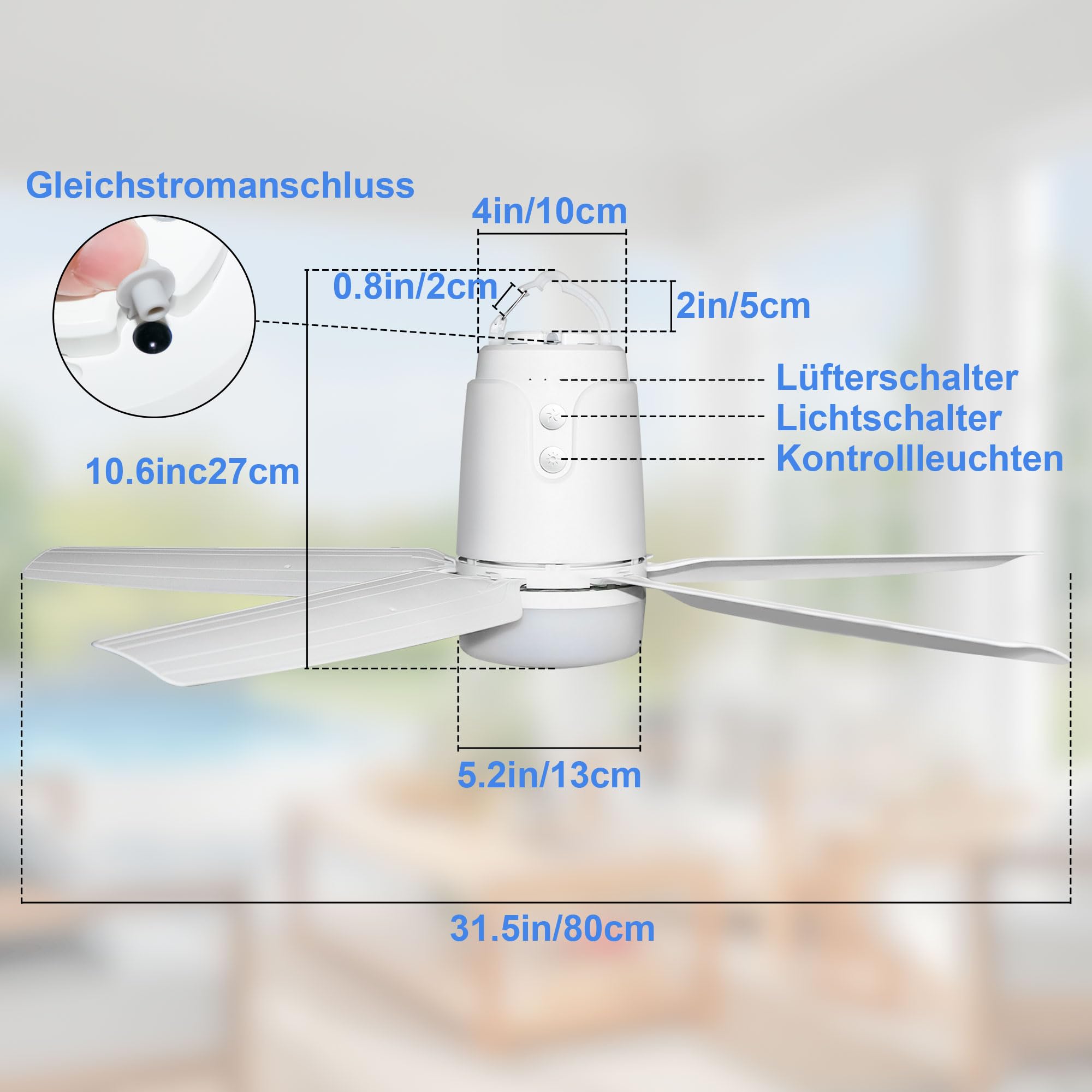 SHUNLEE 80CM Deckenventilator Outdoor mit Beleuchtung und Stecker | Fernbedienung und Leise, Mobiler Ventilator Lampe für Terrasse, Ceiling, Pavillon, Wohnzimmer