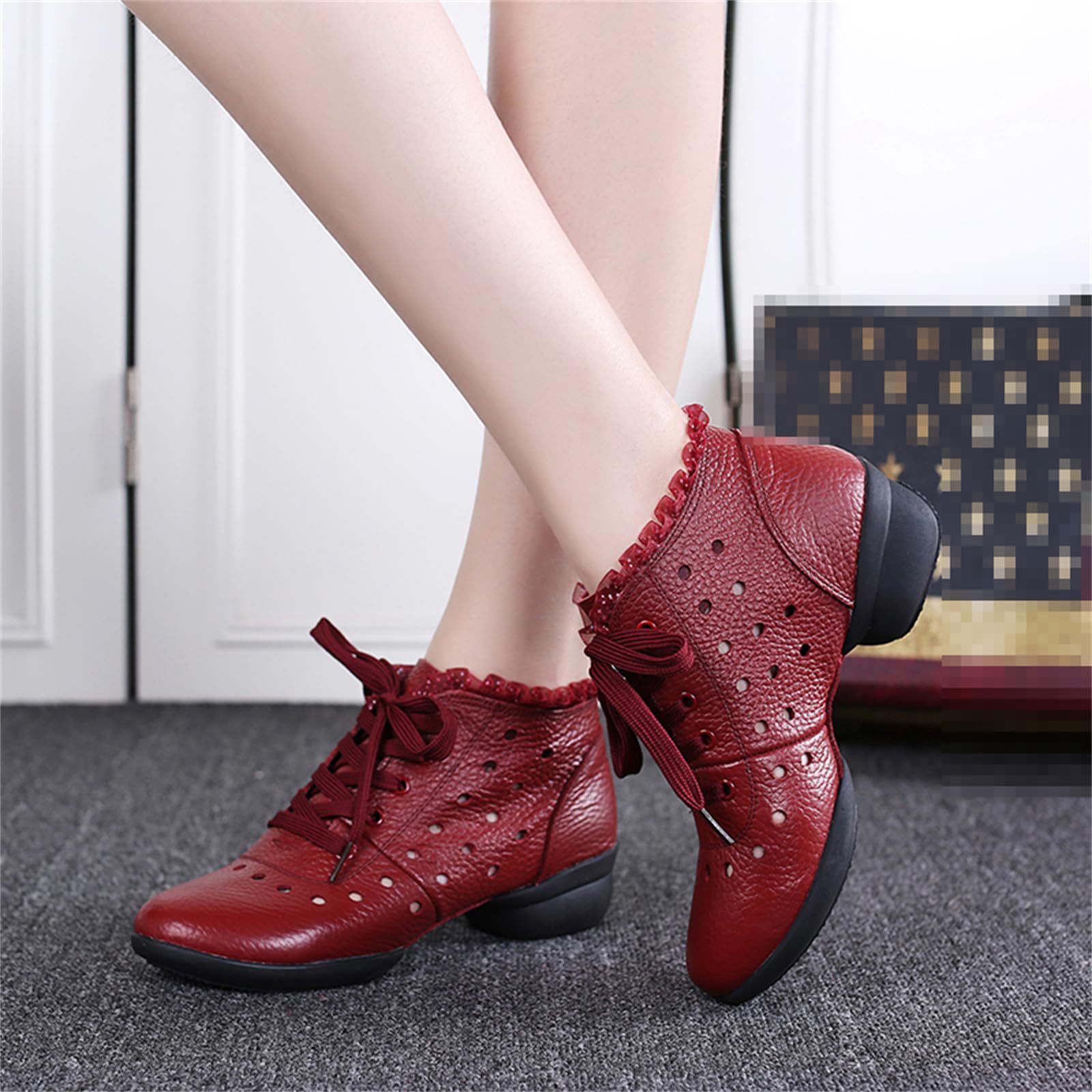 Scarpe da Jazz da Donna Stivali da Ballo in Pelle Tacco Basso Lacci Suola Divisa Stivali da Ballo Latino Moderni da Palcoscenico