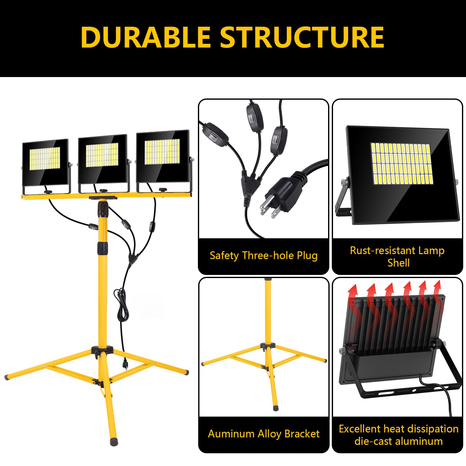 Luces de trabajo con soporte, 3 cabezales ajustables