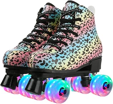 Fashion Roller Skates for Adult, Color Leopard PU Leather Upper, Classic High-top Double Row Roller Boots for Indoor Outdoor Beginner Women Men and Boys Girls