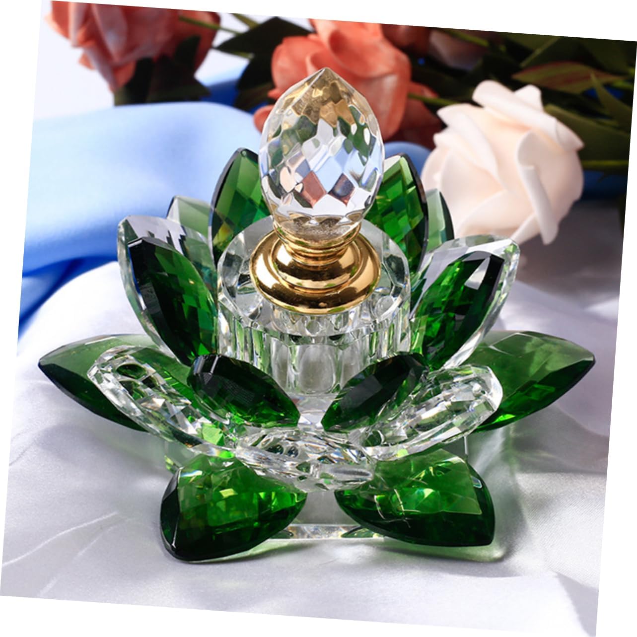 Elegant Lotus Shaped Crystal Glass Perfume Bottle Green Decorative Empty Container for Travel Essential Oils and Cosmetics Storage