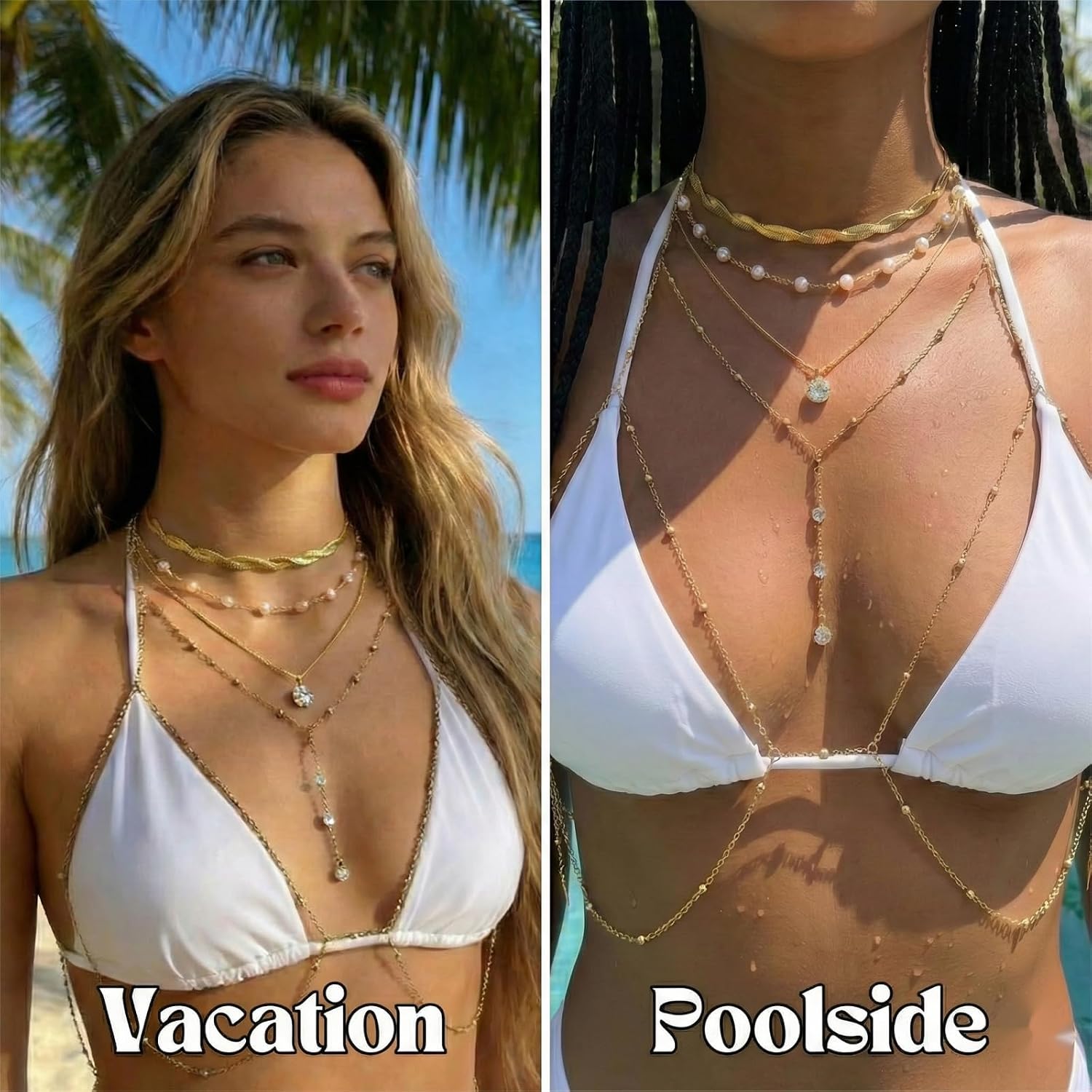 14K Gold Plated Sexy Body Chains for Women - Layered Belly Waist Chain Festival Rave Accessories, 4-in-1 Detachable Pearl Choker Chest Harness Bikini Beach Jewelry