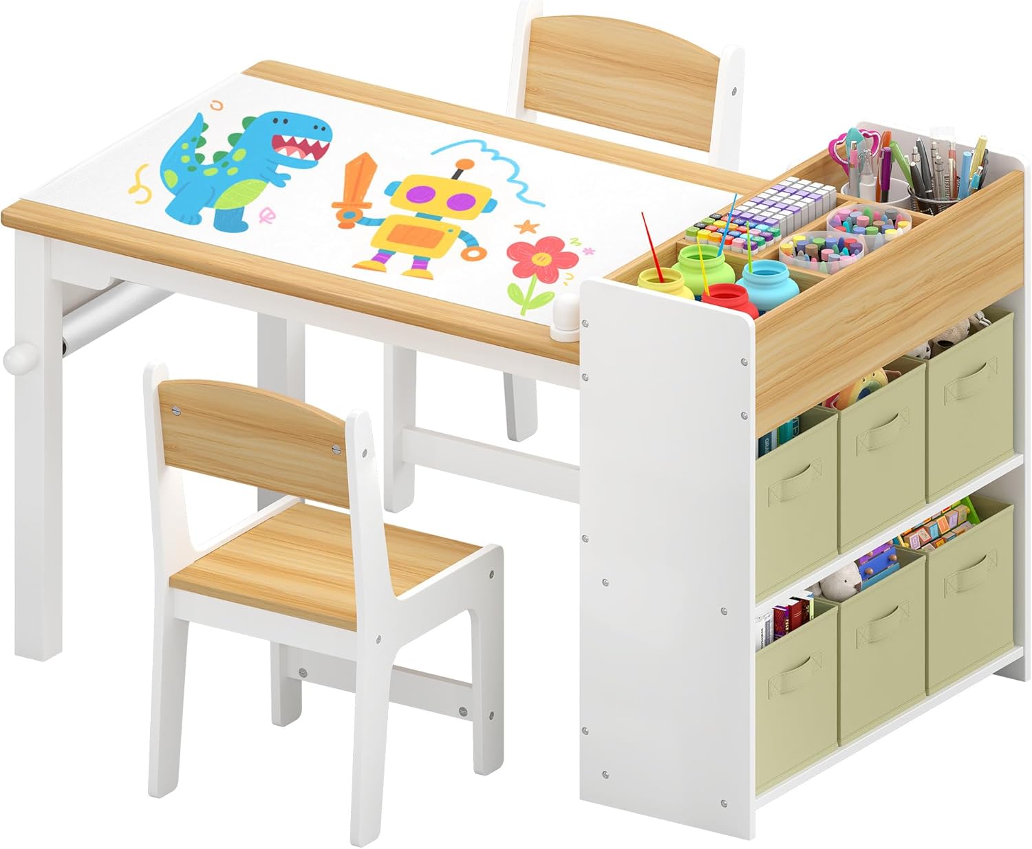 DOREROOM Kids Art Table & Chair Set with Storage Bins, Paper Roll - Wooden Toddler Craft Desk for Drawing, Learning & Play (Ages 3+)