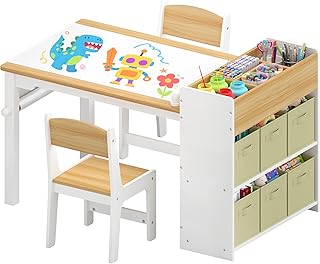 Kids Art Table and Chair Set, Craft and Play Wood Activity Table with St...