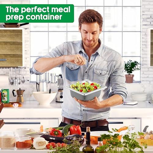 Miniatura 4 de Thenshop Paquete de 10 sartenes de acero inoxidable para mesa de vapor, bandeja de comida comercial de metal para catering, antiatascos para hotel,