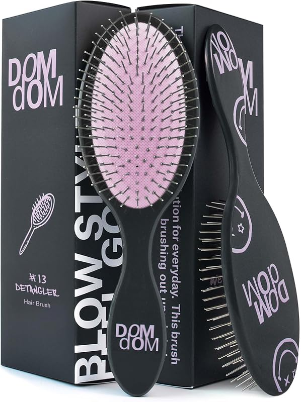 Cepillo desenredante Dom Dom, desenredante seco y húmedo, todo tipo de cabello, morado | Los alfileres metálicos sin tijera se deslizan a través de los nudos, base de paleta flexible y suave, orificio de drenaje para uso en la ducha, cepillo para mujeres, hombres y niños