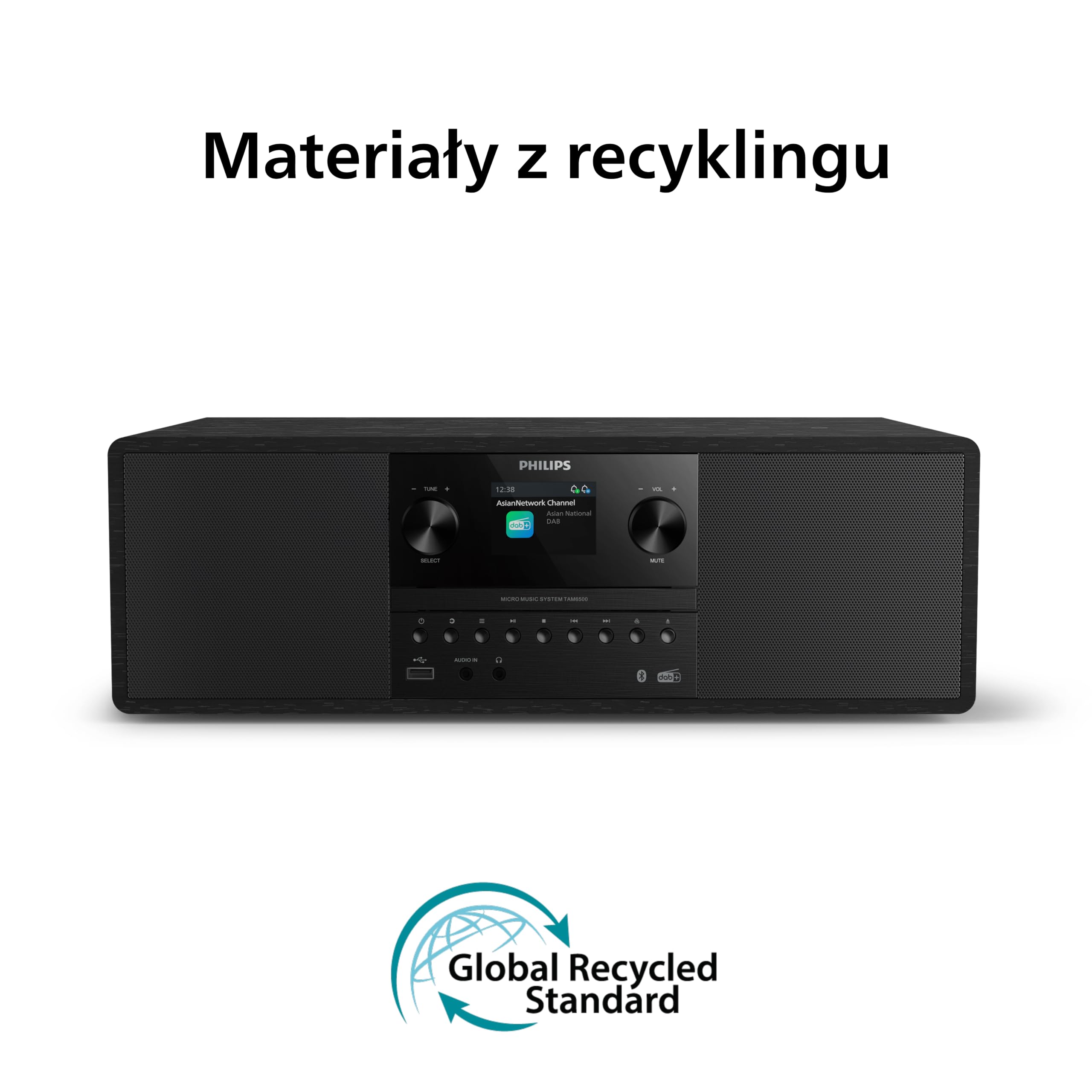 Philips TAM6500/10 Mikrowieża 100 W, Bluetooth 6.0, Auracast, radio DAB+/FM, CD/USB/wejście audio, głośniki Bass‑Reflex, kolorowy wyświetlacz, pilot, plastik pochodzący z recyklingu – czarny