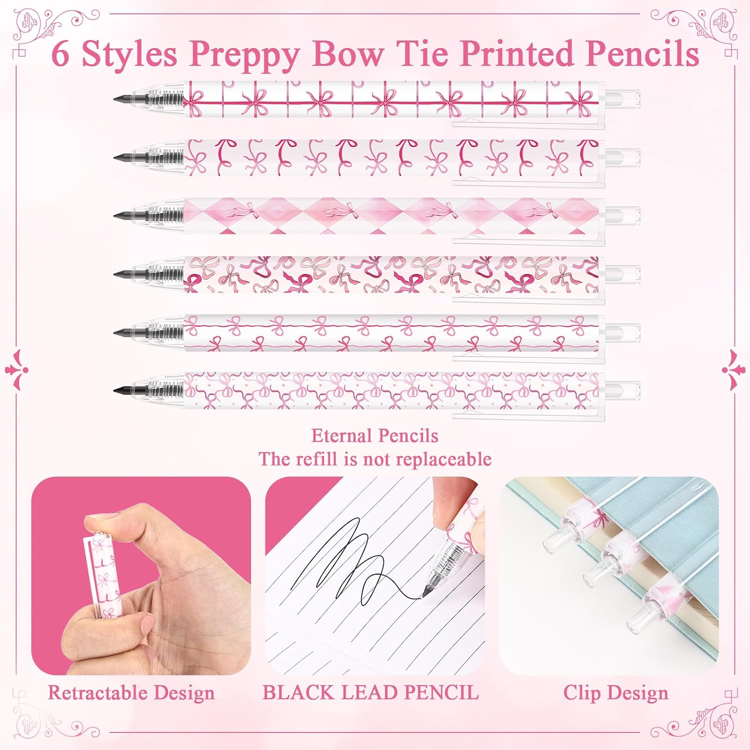 Sayglossy 72 Pcs Coquette Party Favors Preppy Pink Bow Pencils Preppy Stuff 6 Styles Aesthetic Retractable Pencils Party Favors Office Supplies Gift for Women Teacher image 3