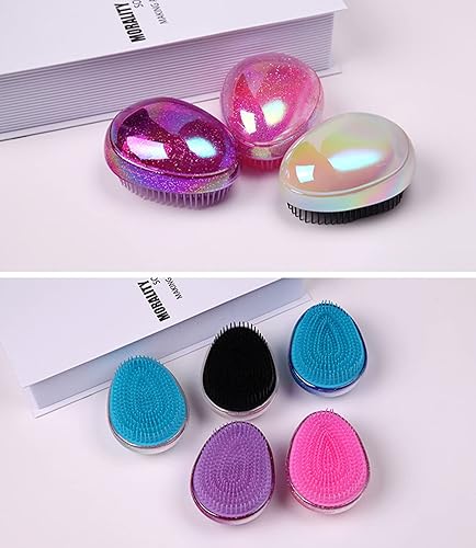 Miniatura 5 de Cepillo desenredante, cepillo de pelo portátil de viaje, forma de huevo con purpurina, nudos antiestáticos, cepillo desenredante de masaje con cojín