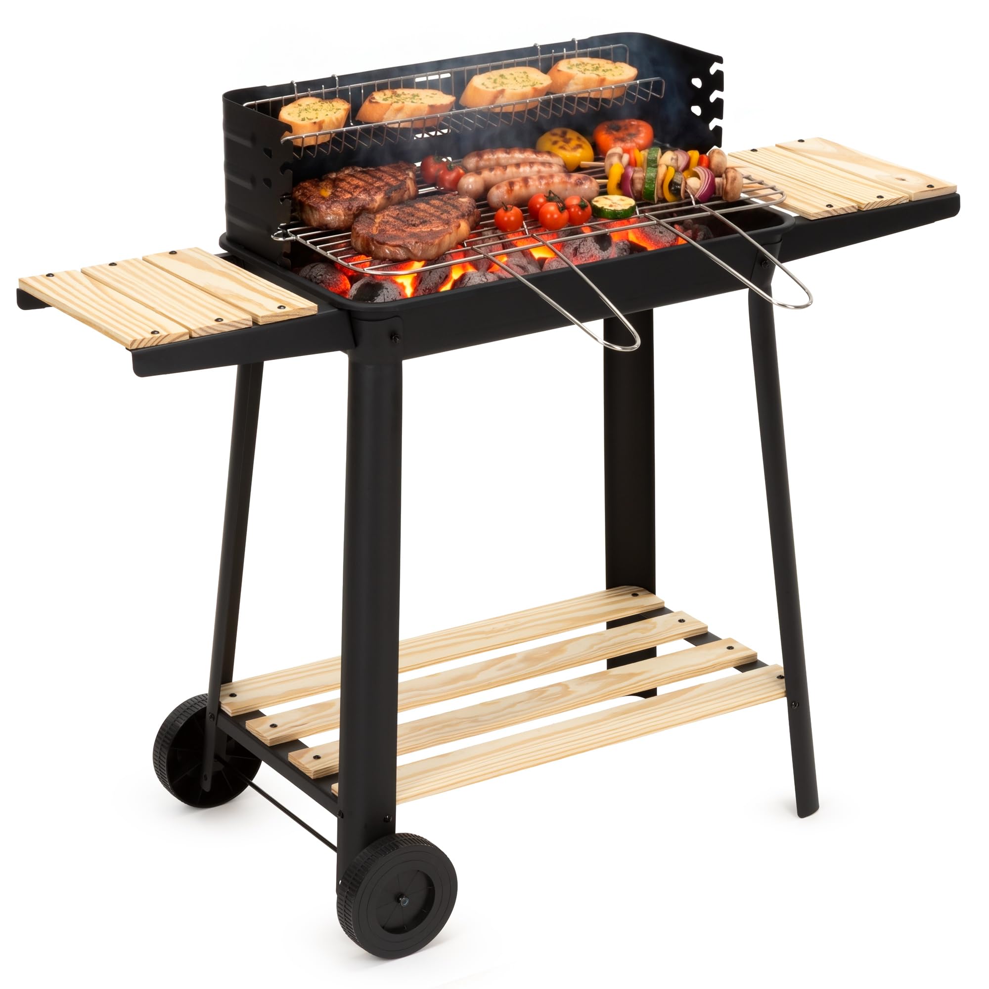 Grill na węgiel drzewny, na kółkach z obrotowym rożnem, ruszt do grillowania z regulacją wysokości, mobilny grill BBQ z rolkami, z półkami bocznymi, ruszt do podgrzewania, grill ogrodowy, na taras