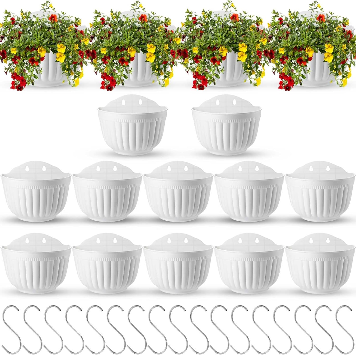 Zubebe 16 Pcs Resin Wall Hanging Planters White Hanging Flower Pots with Drainage Hole Fence Planters for Indoor Outdoor Plant Balcony Railing Decor(8.07 x 6.69 x 4.92'')