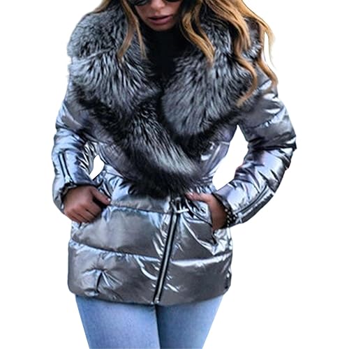Womens Puffer Jacket with Hood Quilted Winter Coat Fur Collar Hooded Down Jacket Parka Outerwear