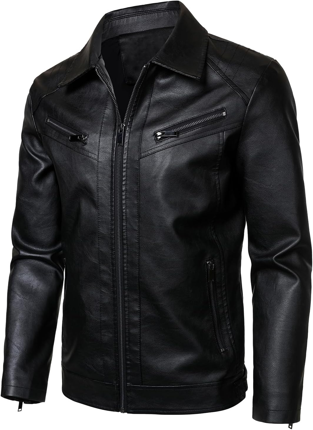 HOOD CREW Mens PU Leather Jacket Classic Style Turn Down Collar Faux Leather Biker Jackets
