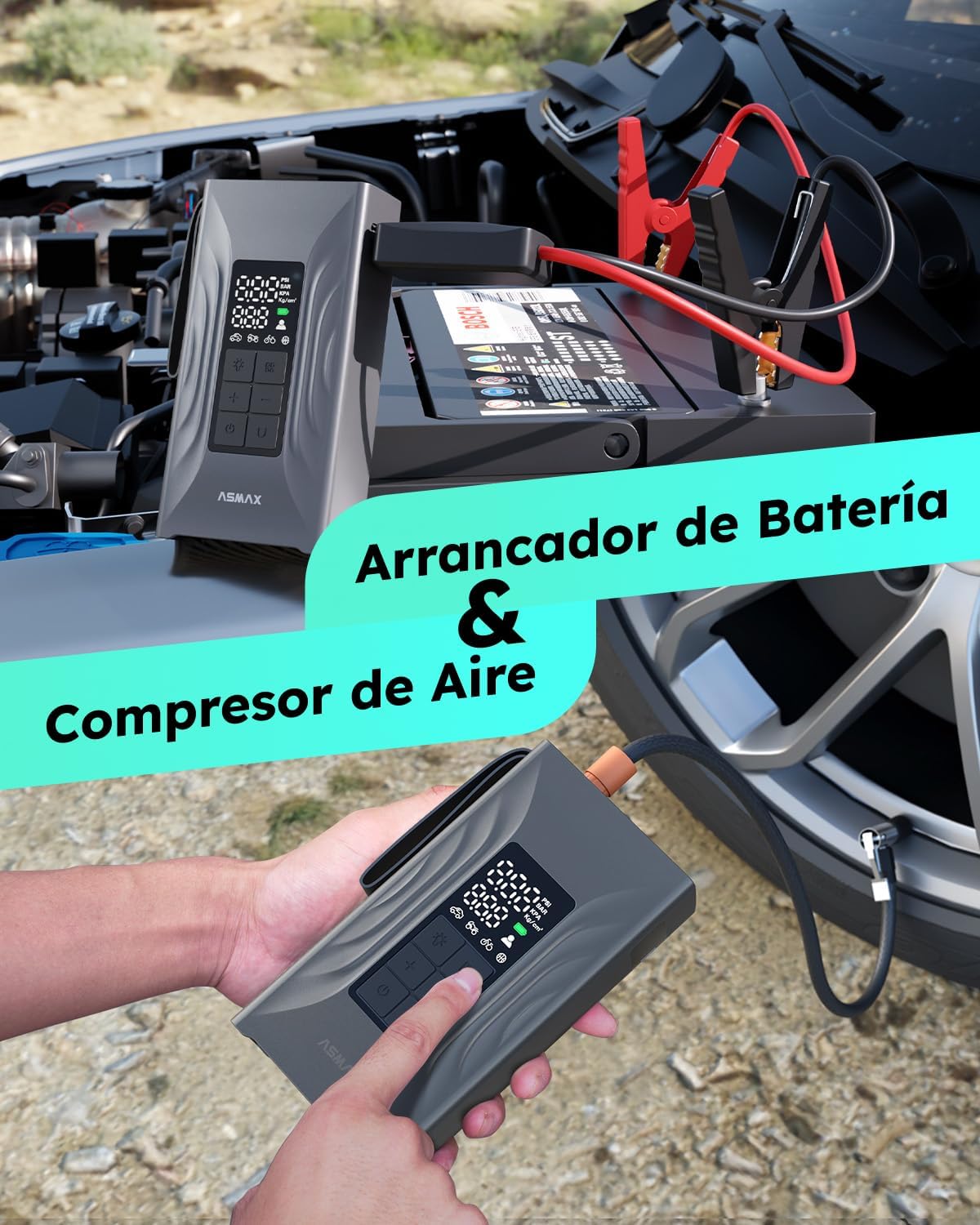 The ASMAX T20 jump starter connected to a car battery under the hood, with the air compressor hose connected to a tire, demonstrating its dual functionality.