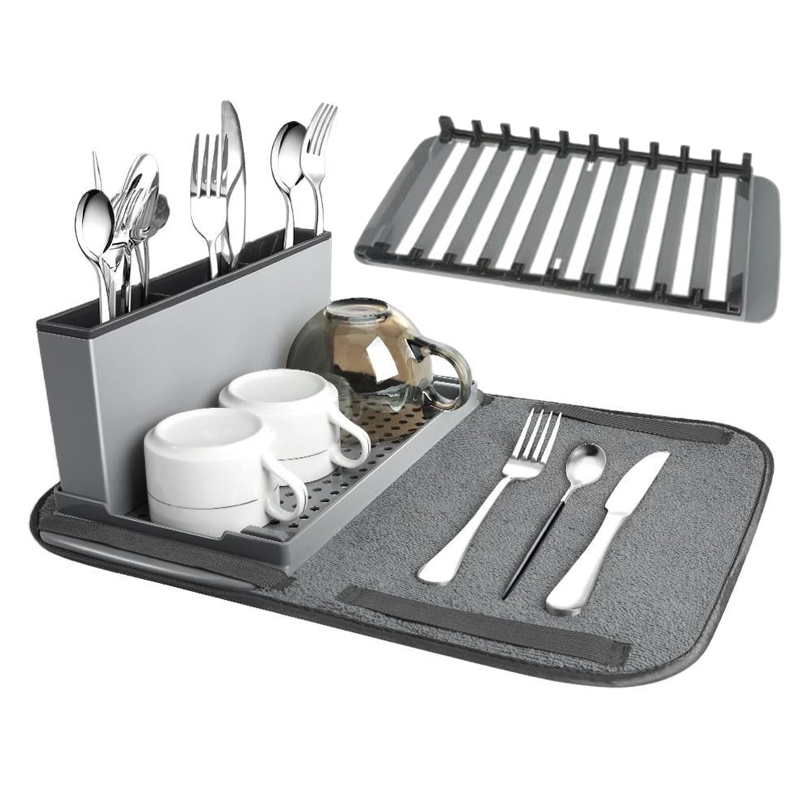 Estante para secar platos de cocina con alfombrilla absorbente para tazas y ollas