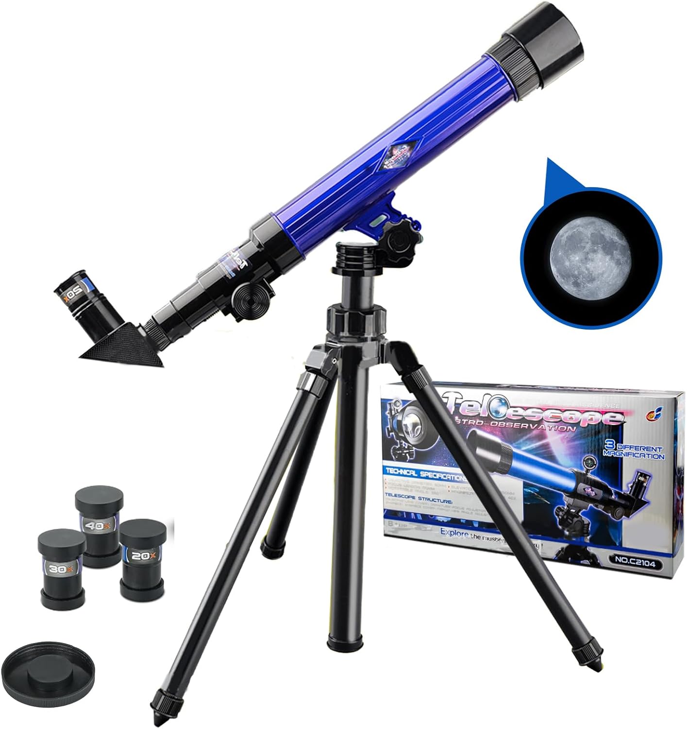 Telescope for Kids 8-12 – Beginner Astronomy Spyglass Telescopic Wish Compass,20x 30x 40x Magnification, Portable for Travel, Gift&Toy for Girls Boys（Blue）