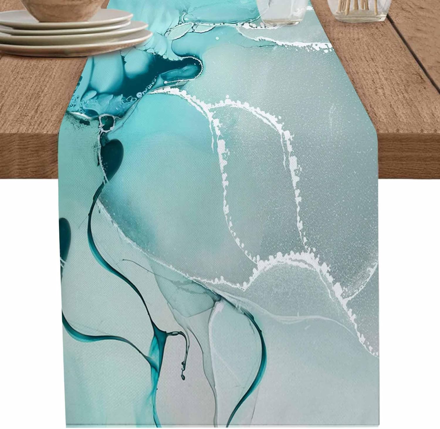 Marble Turquoise Teal Aqua Table Runner 108 Inches Long,Cotton Linen Modern Kitchen Dinner Dining Table Runners Decor Long Dresser Scarf,Burlap Tablerunner for Coffee/Dining/Party/Wedding Table