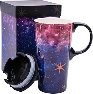 Topadorn Ceramic Travel Mug Coffee Cup with Sealed Lid & Gift Box, 17 OZ Coffee Mug for Latte & Hot Chocolate, Microwave & Dishwasher Safe, Purple Starry Sky