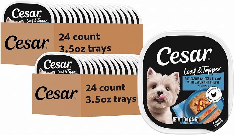 Ração úmida para cães Cesar Loaf & Topper sabor frango assado com bacon e queijo, bandejas de 99 g, 48 unidades