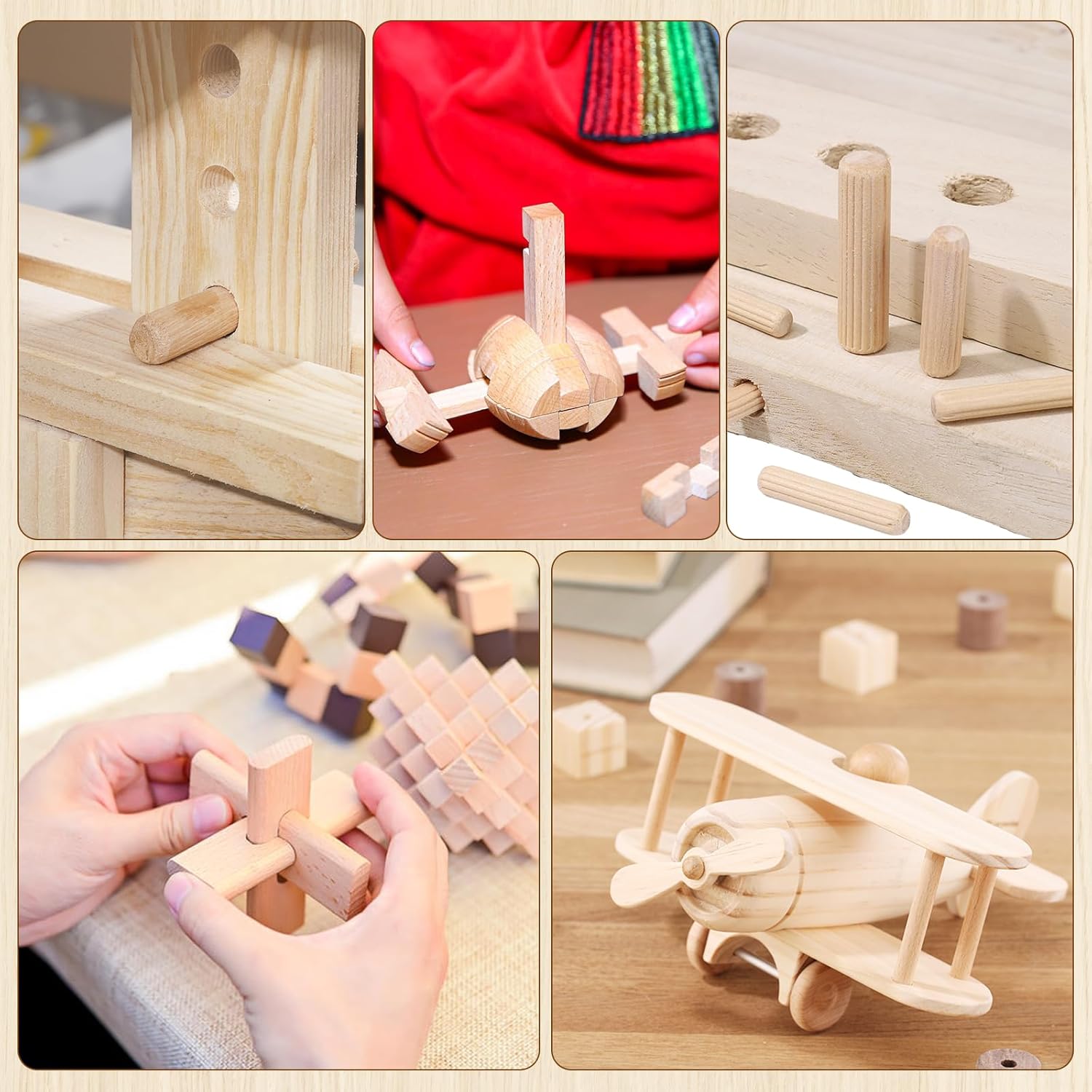 250 Pcs 8 Size Wooden Dowels 1/4'' 5/16'' 3/8'' Wooden Dowel Pins Hardware Pins Fluted Wood Dowels for Crafts Furniture Woodworking DIY Crafts