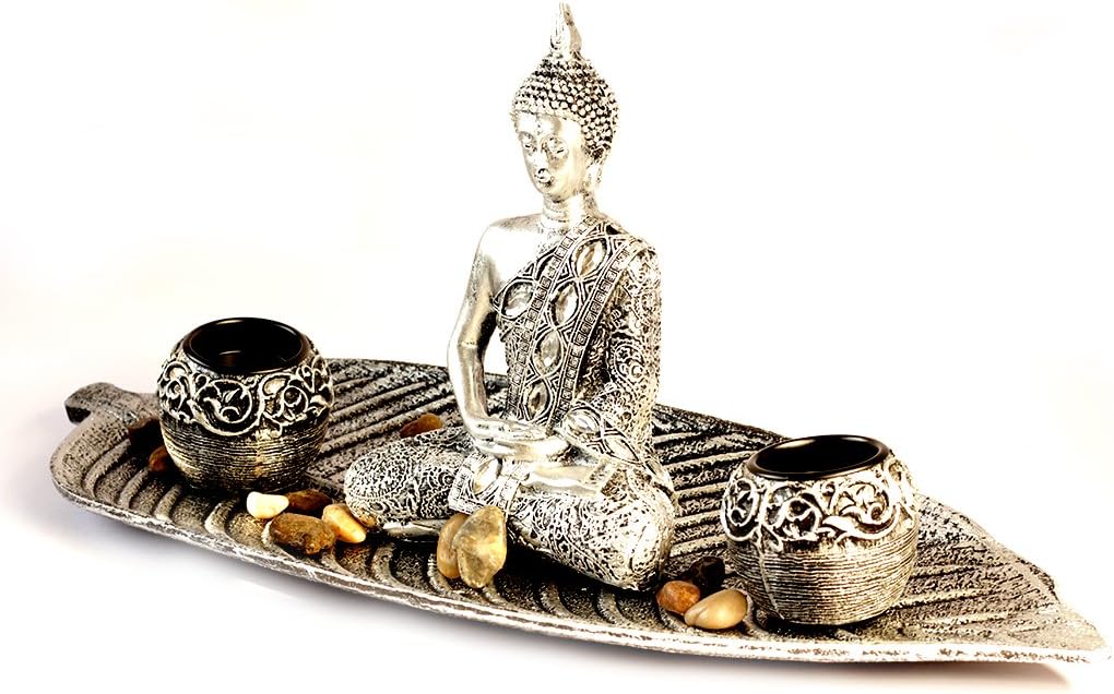 Skycandle Diwali Gift Golden Buddha on a Gold and Silver Leaf Plate with Two Ball Candle Holders for Home/Living Room/Gift