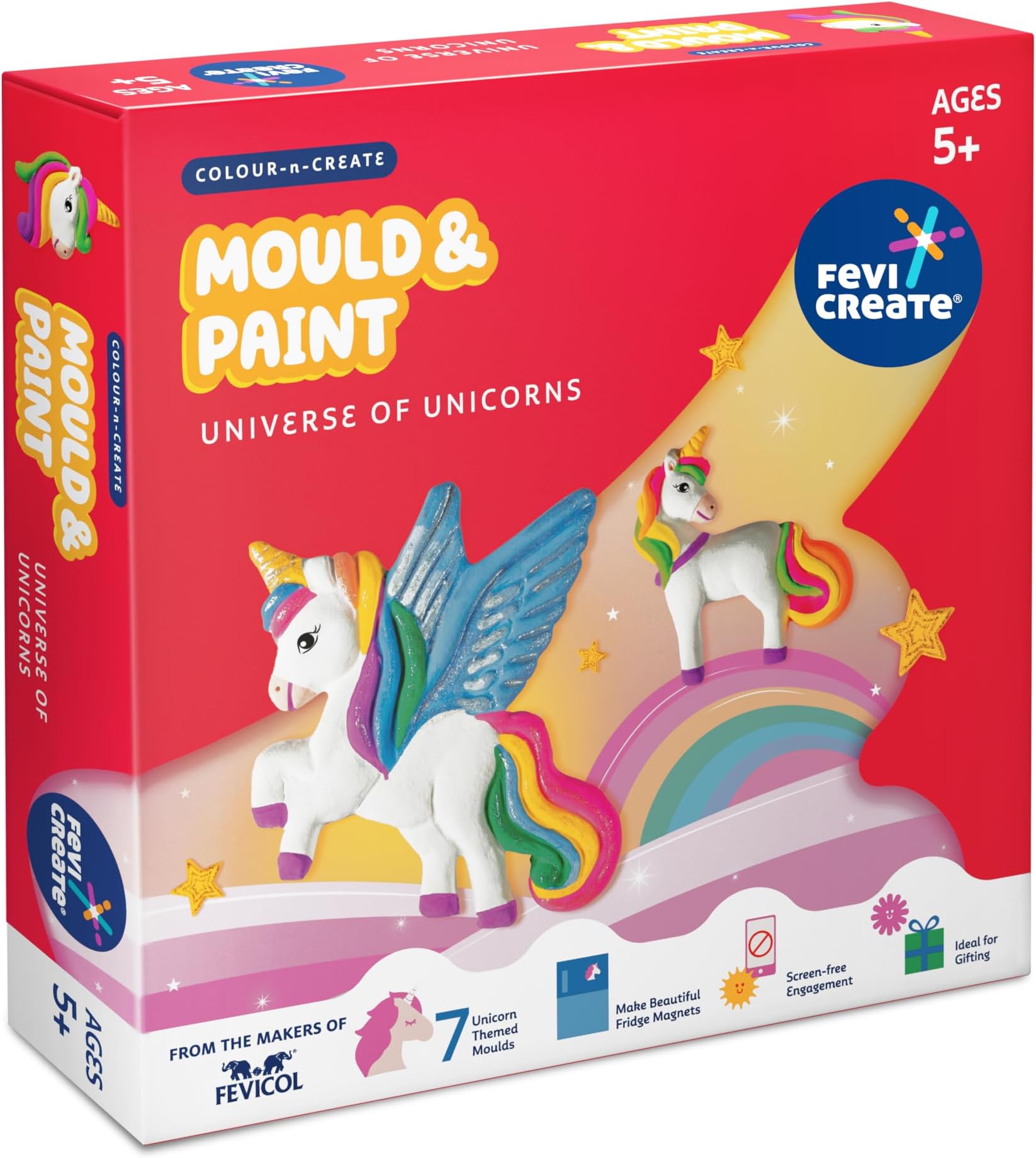 Fevicreate Mould & Paint Unicorn Kit | Create Adorable Plaster Badges & Fridge Magnets | Screen-Free Enagement | Contains Moulds, Paints, Brush & More | by Fevicol | Best Gift for Kids Age 5+ Years