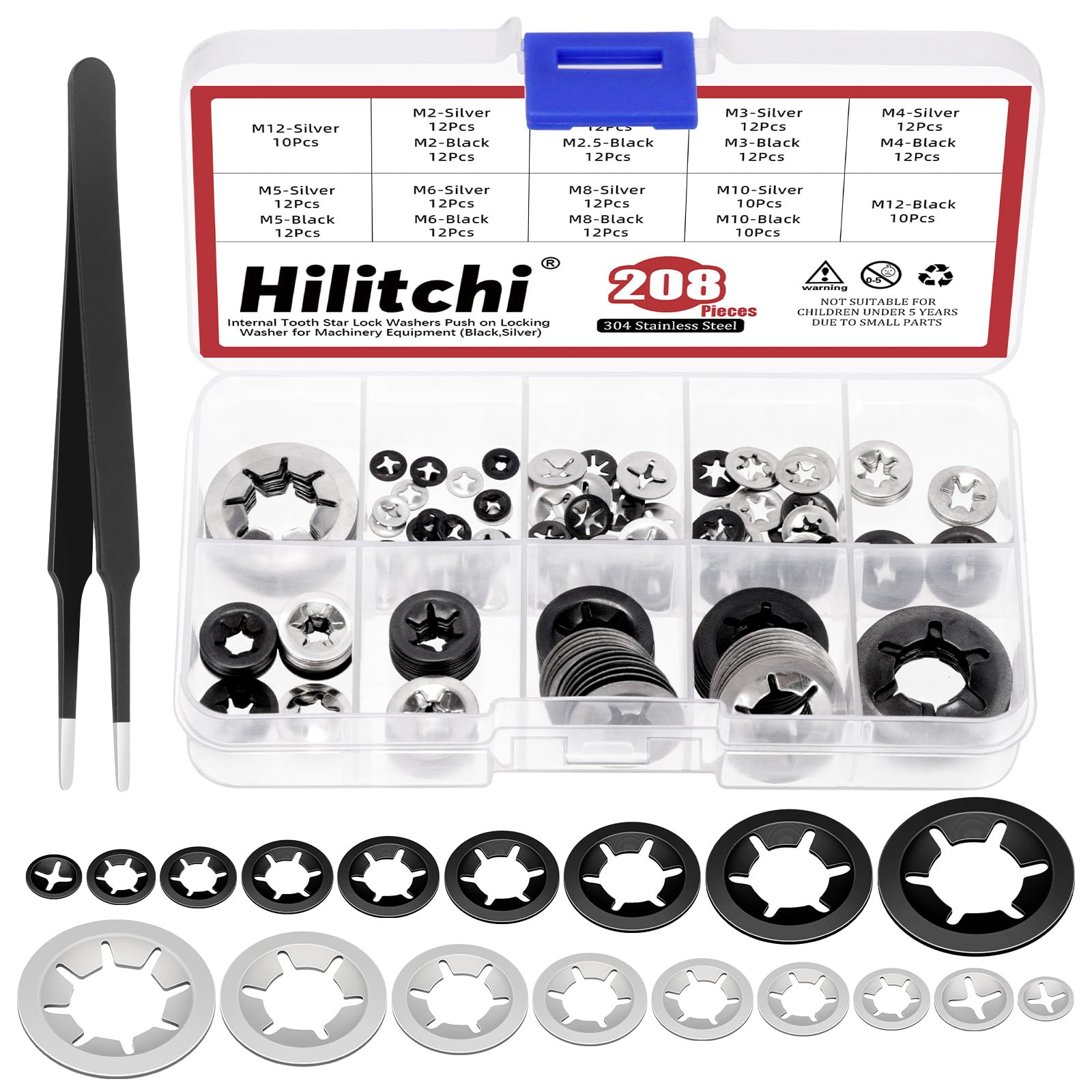 Hilitchi 209Pcs 9 Sizes Internal Tooth Star Lock Washers Set include: M2 M2.5 M3 M4 M5 M6 M8 M10 M12 304 Stainless Steel Quick Speed Locking Washers