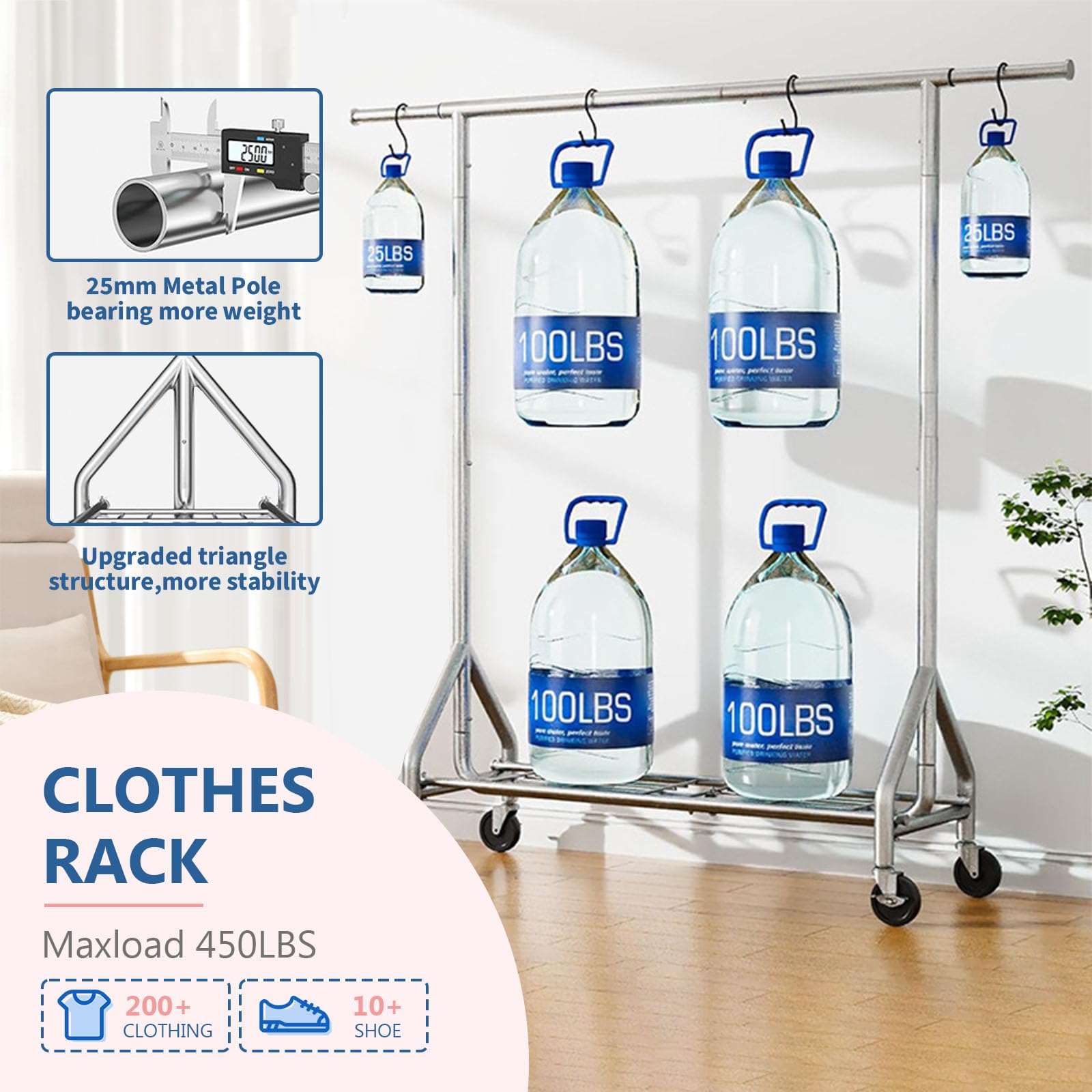 Perchero Burro Ropa,Extensible,Ruedas Grandes | 100% Acero Inoxidable,Carga 345 kg, Extensible con Estantes