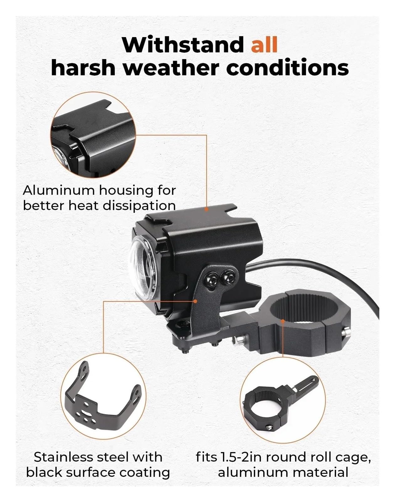 AVFORA Moto Faro Para Polaris RZR Para Can-Am Para Maverick X3 Spot Beam Pod Light Luces Látigo Para Side By Side Para Kit Abrazadera Tubo 1.5''-2'' Faro Motocicleta(60W Light)