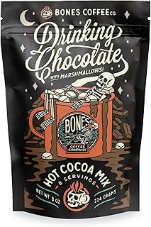 Bones Coffee Company Hot Chocolate Mix – Dairy Free Hot Cocoa Powdered Drink with Natural Cane Sugar & Cacao Powder Drinking Chocolate with Mini Marshmallows, 8 Servings
